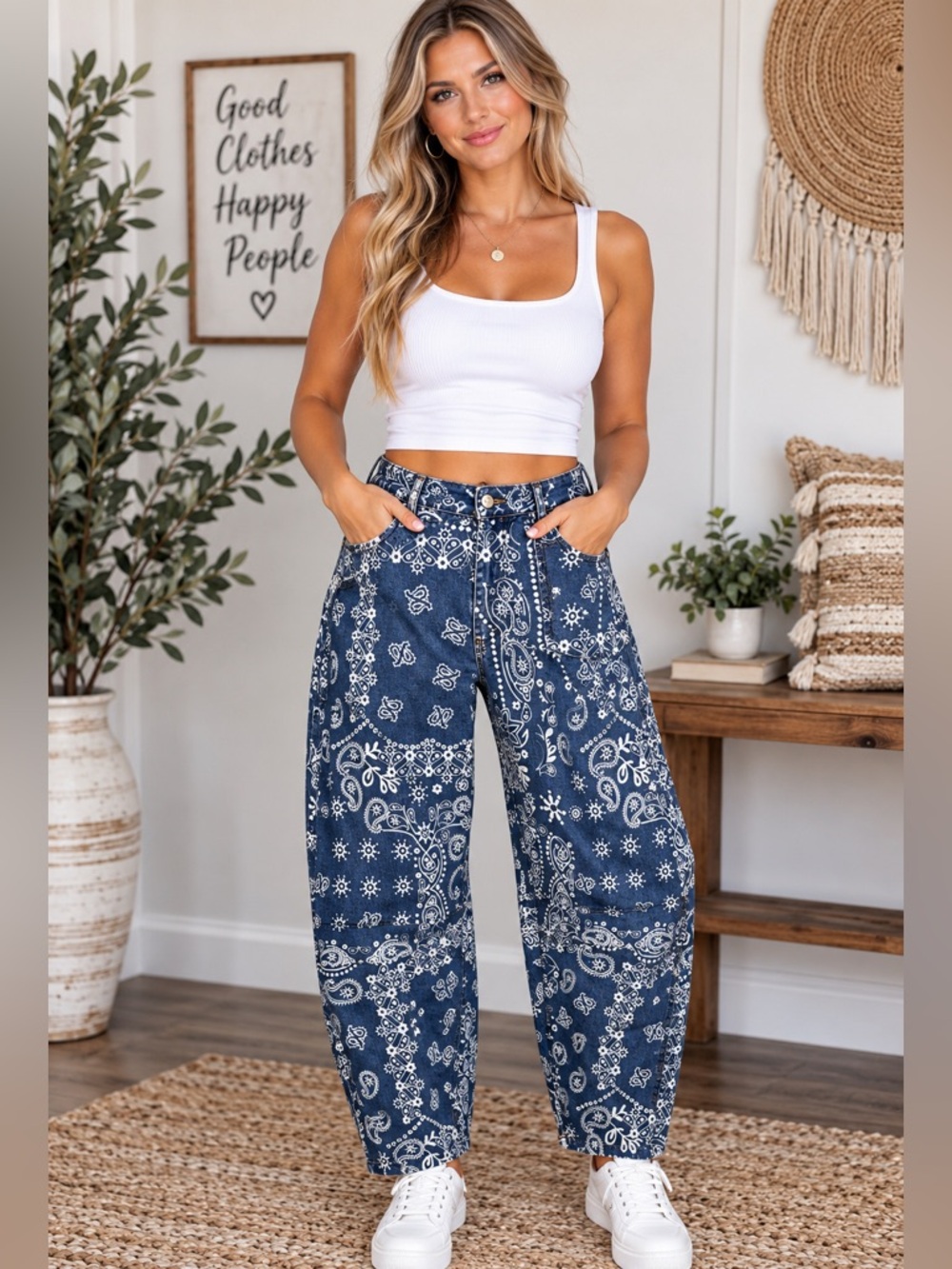 Loveings Bandana Print Patchwork Barrel Leg Jeans XL NWT